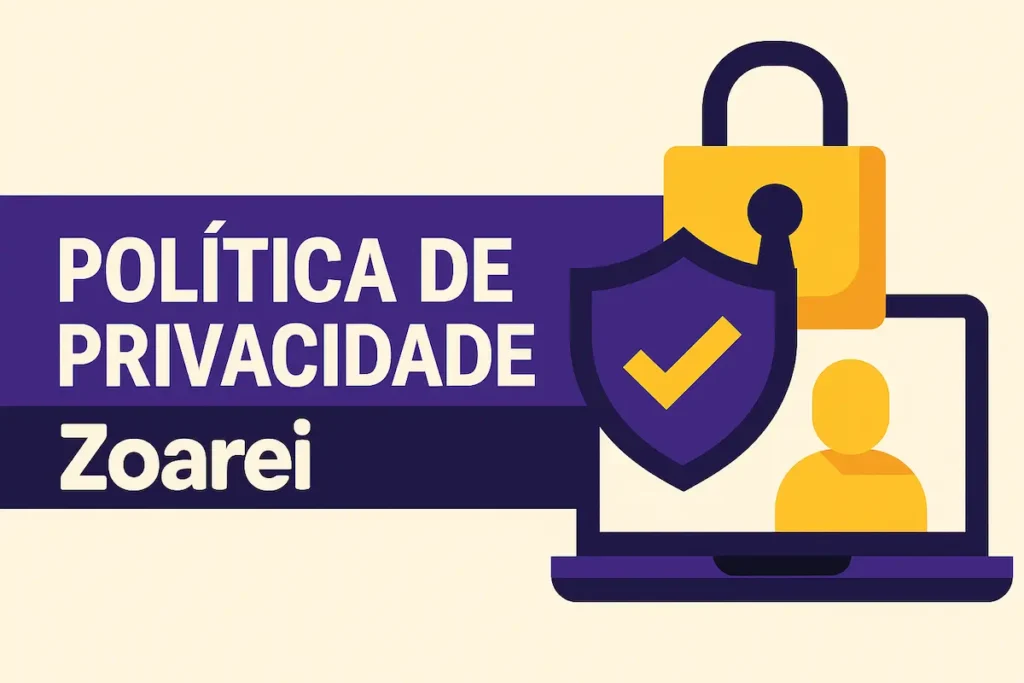 Ilustração estilizada representando a política de privacidade do Zoarei, com destaque para proteção de dados e segurança no uso do site.