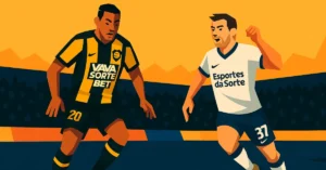 Ilustração estilizada de jogadores do Corinthians e Novorizontino em disputa de bola durante partida do Paulistão, com destaque para ação intensa no campo.