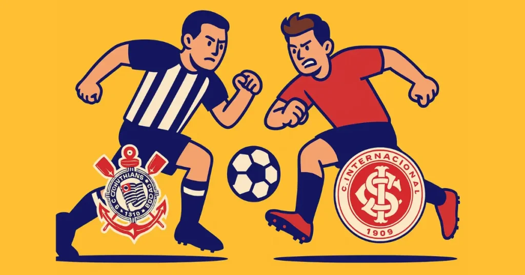 Ilustração vetorial estilizada mostrando clima de clássico entre Corinthians e Internacional, com os brasões dos dois clubes em destaque, representando rivalidade no Brasileirão com identidade visual do site Zoarei.