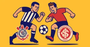 Ilustração vetorial estilizada mostrando clima de clássico entre Corinthians e Internacional, com os brasões dos dois clubes em destaque, representando rivalidade no Brasileirão com identidade visual do site Zoarei.