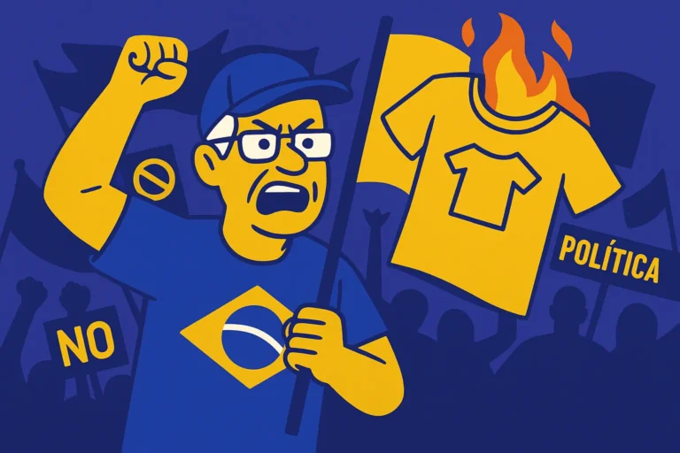 Imagem estilizada criada para o tema “A camisa amarela virou bandeira de treta política” no padrão Zoarei.