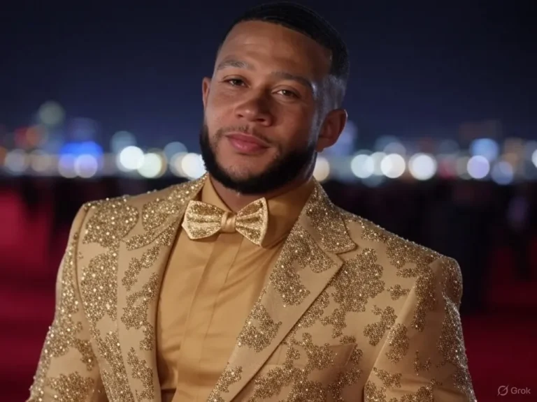 Memphis Depay no tapete vermelho do Oscar 2025, com roupa extravagante dourada cheia de brilho, gravata borboleta dourada e pose de celebridade, em um cenário luxuoso com luzes brilhantes ao fundo.