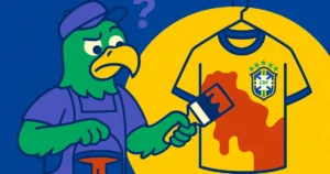 camisa da Seleção sendo pintada de vermelho por um mascote confuso.